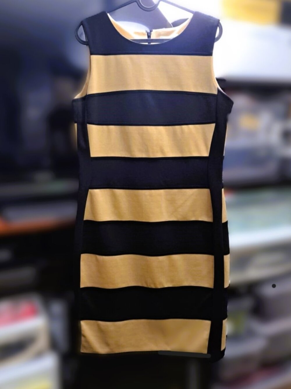 Calvin Klein Beige & Black Striped Sleeveless Sheath Dress Like New